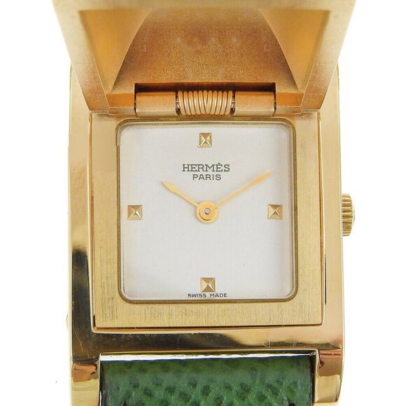 HERMES Medor Watches green/gold WhiteDial Plated Gold/leather Quartz - Picture 1 of 10